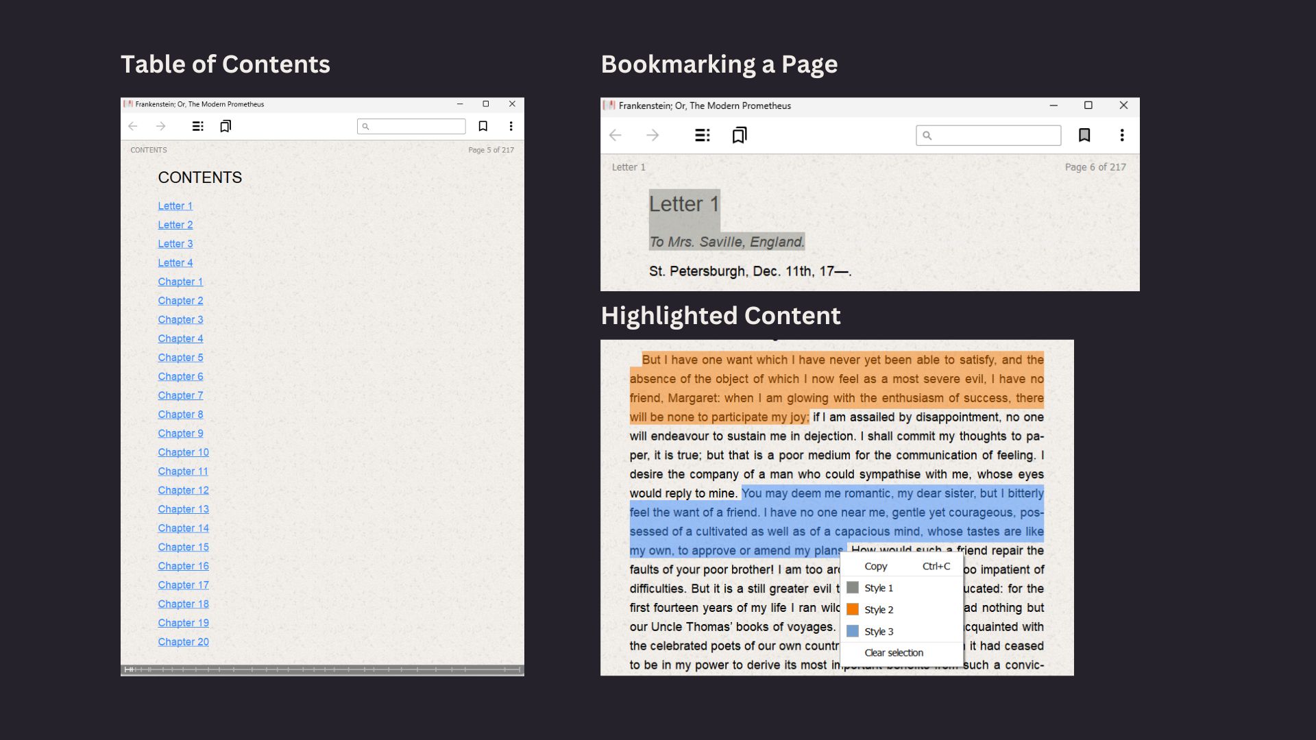 The image shows features of an EPUB reader, including a table of contents for "Frankenstein," a bookmarked page, and highlighted text with options for different highlight styles.