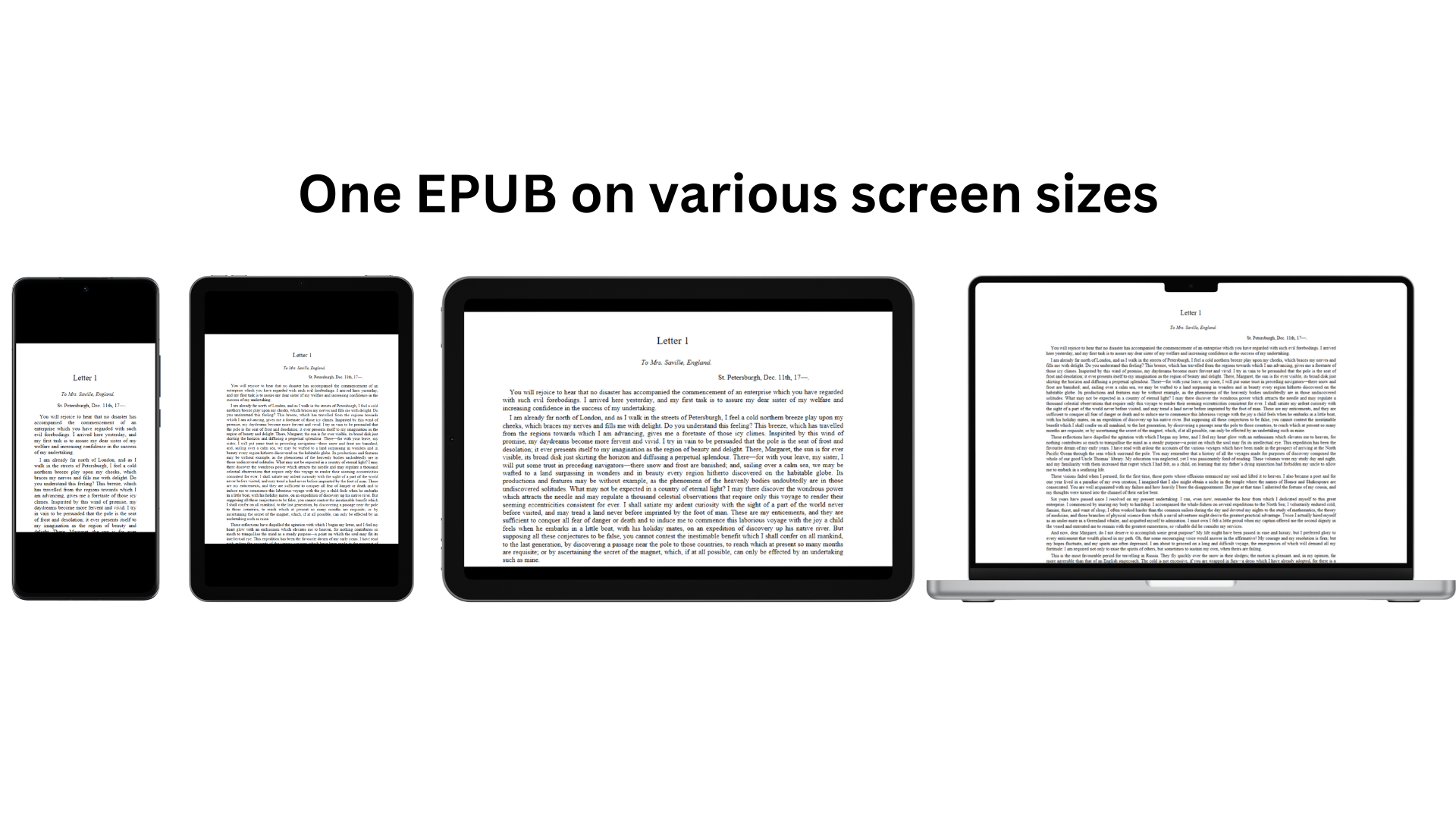 An image showing a single EPUB file on various screen sizes to showcase reflowable nature of the file