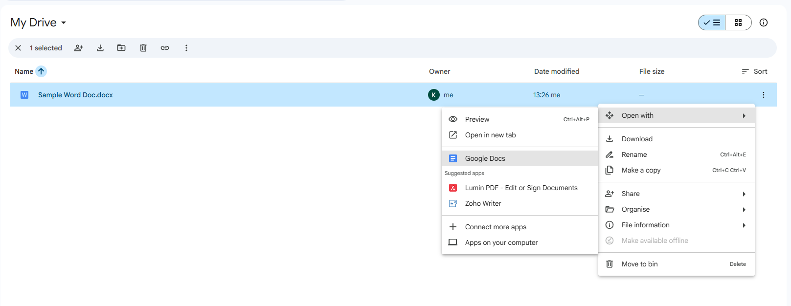 Select on Open with Google Docs to import the Word Doc