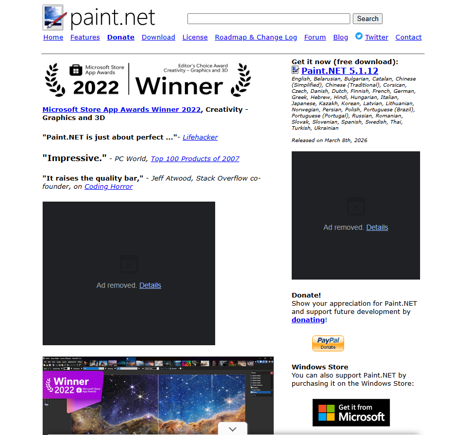 aint.NET website interface, a fast and lightweight Windows-exclusive Photoshop alternative for beginners and quick offline edits