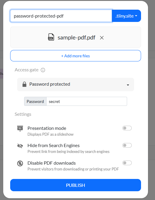 Screenshot of Tiiny Host interface showing a PDF file with password protection set