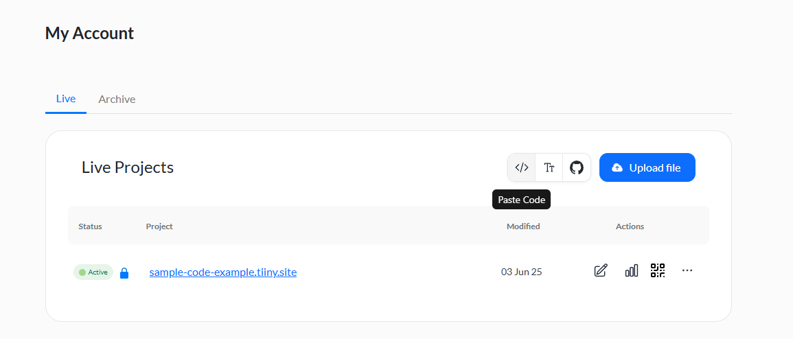 Tiiny's Dashboard has the "Paste Code" button that allows you to paste or write code on your browser and publish.