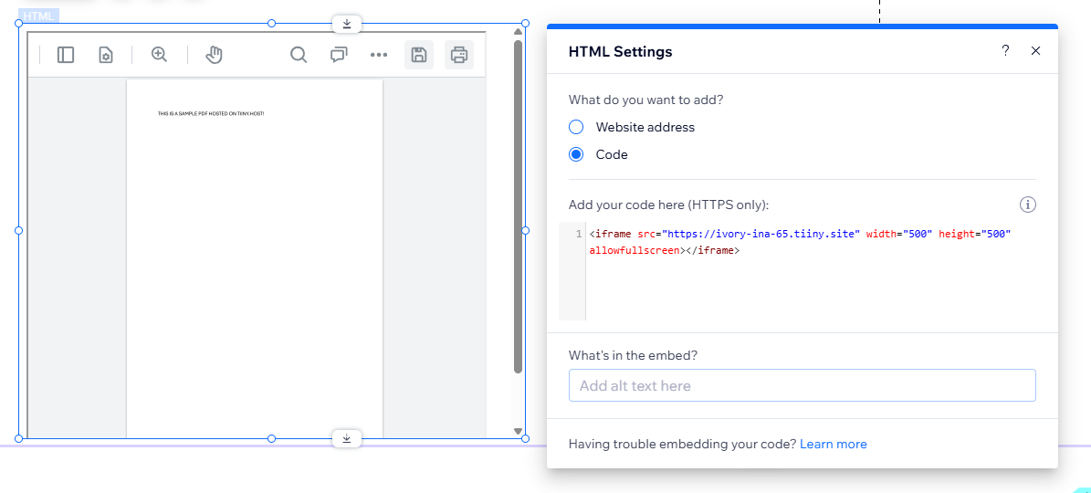 Add your Code to the Embed HTML Pop up box