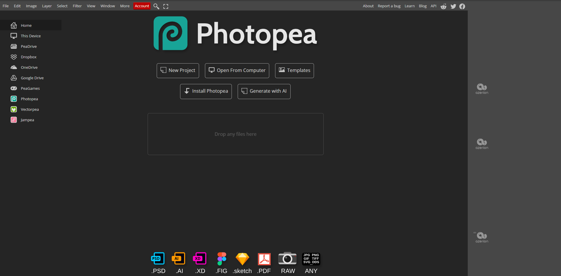 Photopea browser-based editor interface showing PSD file support and free AI background removal.