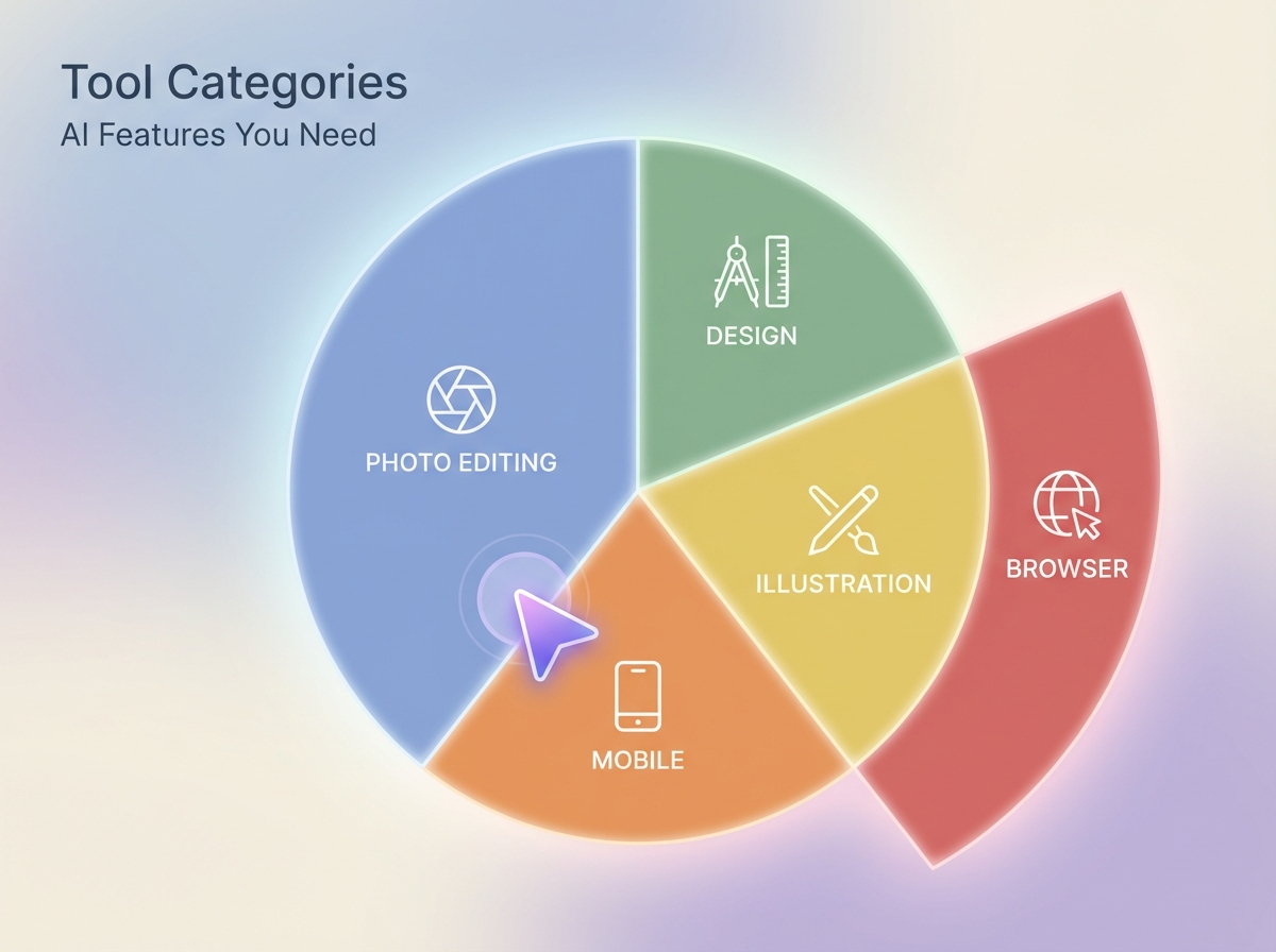 A Venn diagram showcasing tool categories for Photoshop alternatives, including AI Design, Illustration, Browser-based, and Mobile editing tools.