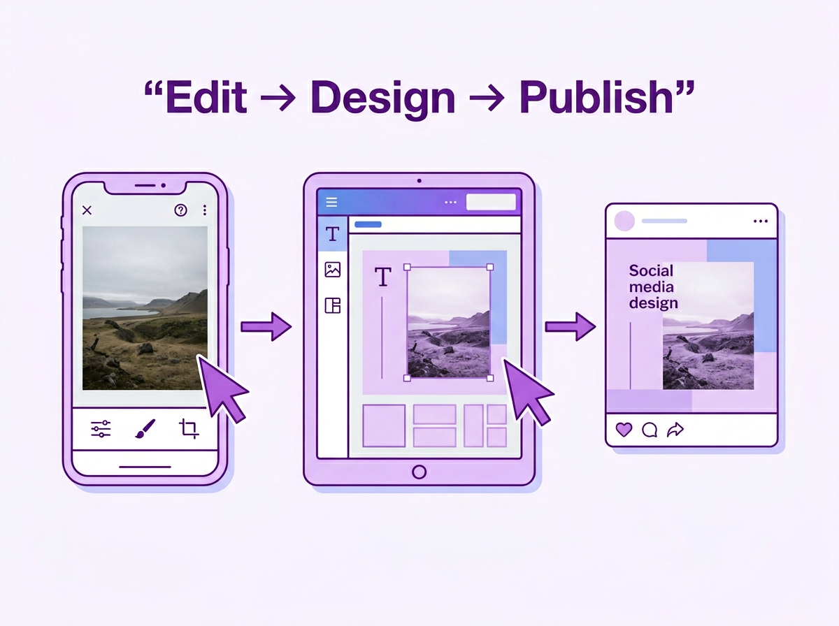 Workflow infographic for social media managers showing a three-step process: Edit on a smartphone, Design on a tablet, and Publish to social media.