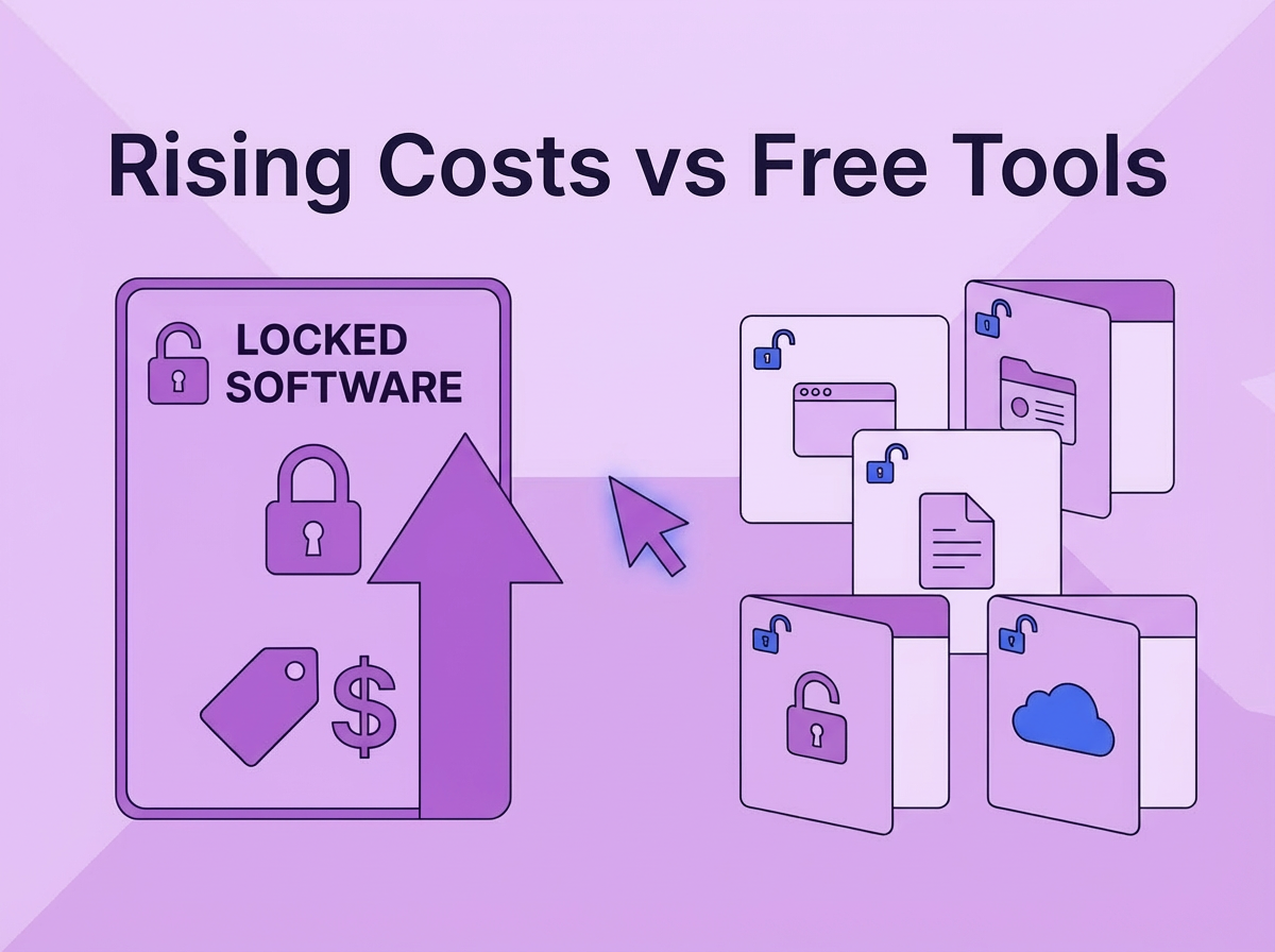 Illustration showing rising costs of locked subscription software vs. free editing tools for photographers and designers.