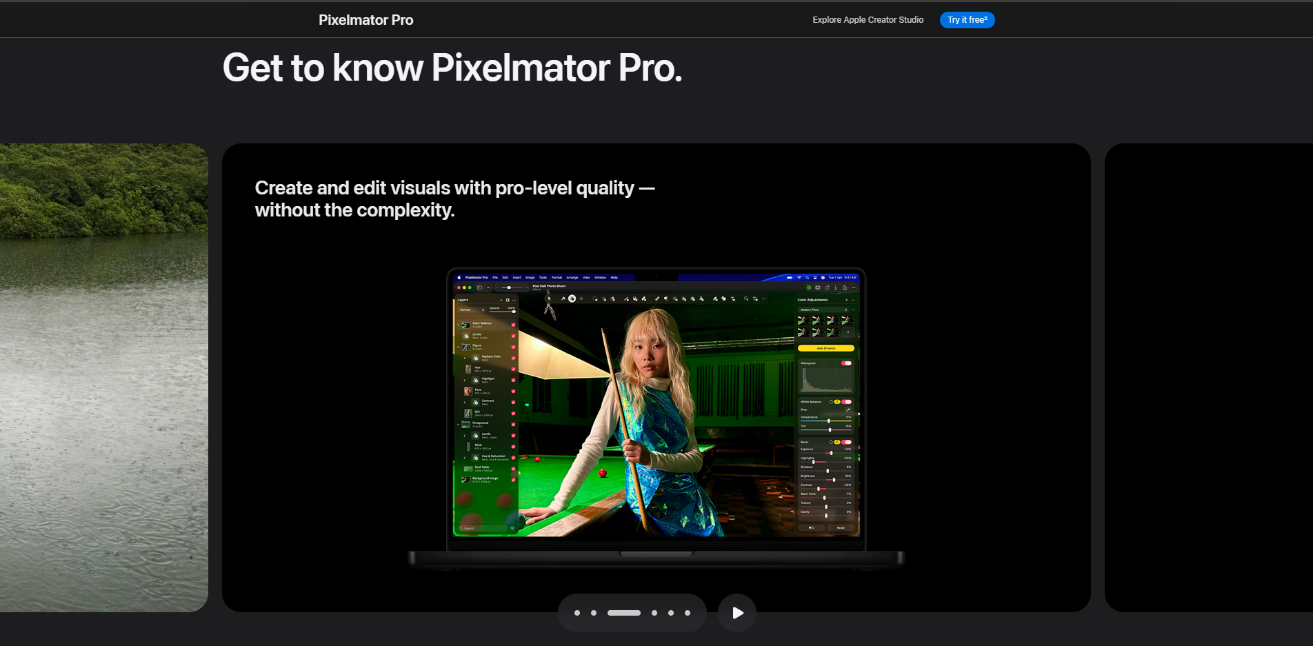 Pixelmator Pro landing page showcasing its Apple-native interface and built-in AI tools for Mac and iPad users.