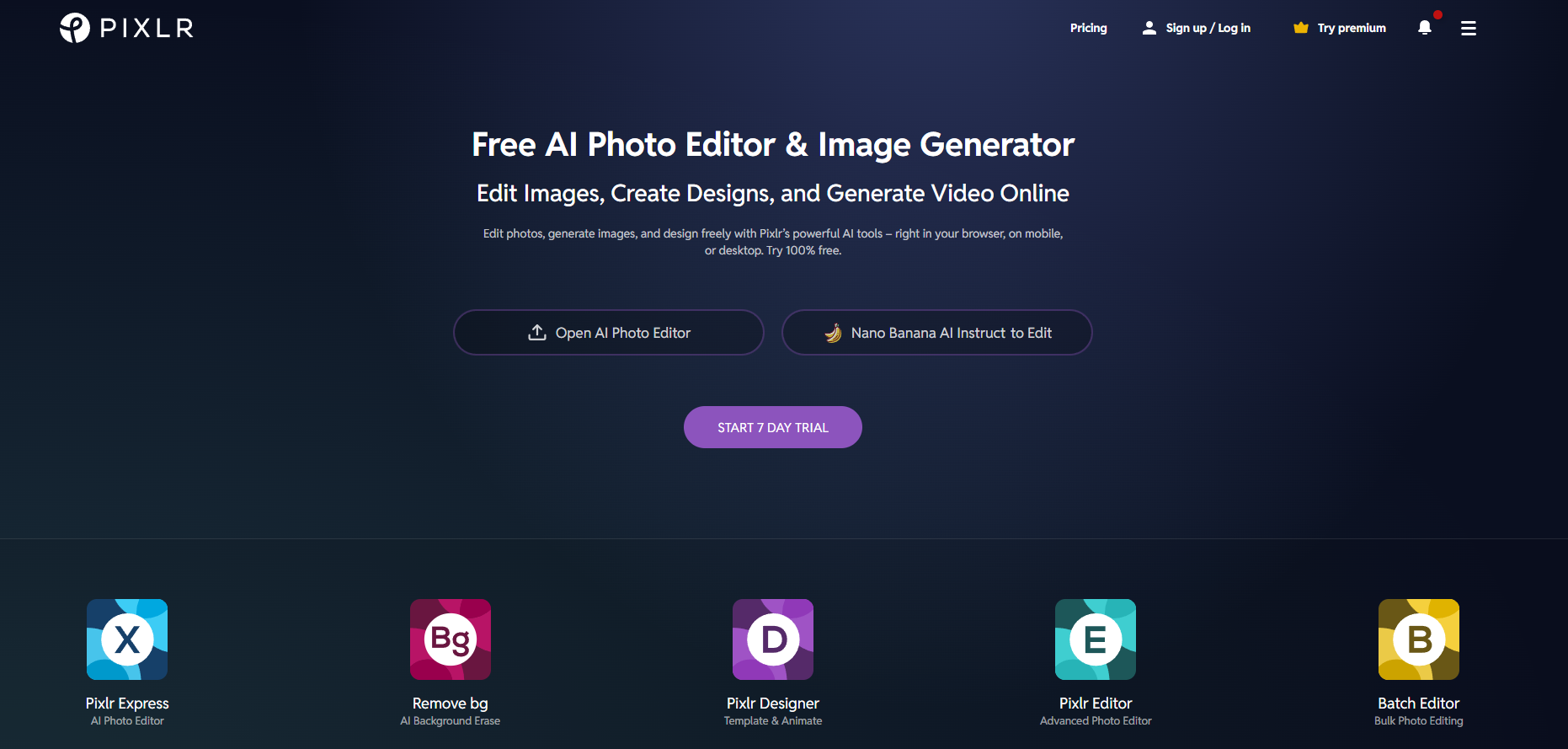 Pixlr website homepage showing its free browser-based AI photo editor and image generator, featuring Pixlr X for quick edits and Pixlr E for advanced design.