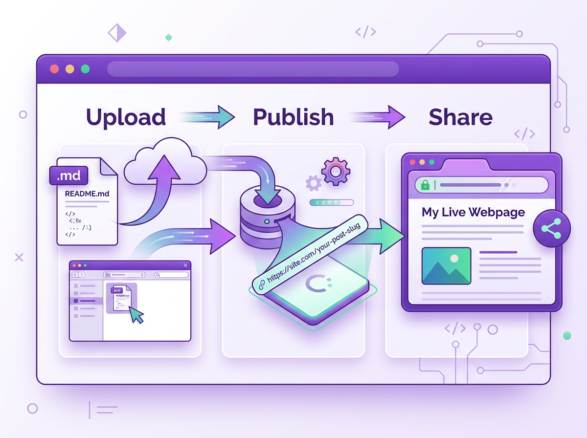 Conversion process from a Markdown document to a published website link.