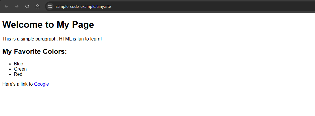 A screenshot of the website made live through Tiiny Host