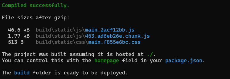 Screenshot of successful build of the react app, ready to be deployed.