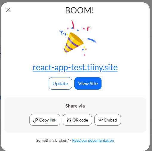 Screenshot of successful deployment of test app on Tiiny.