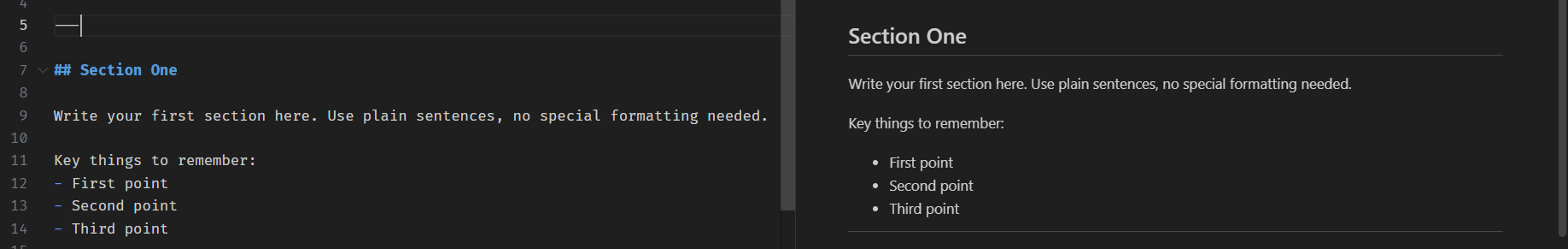 VS Code interface showing a split-screen view of Markdown source code and its live rendered preview.