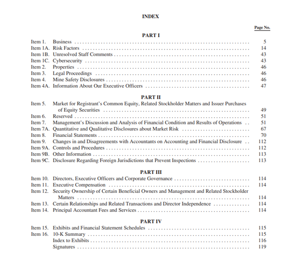 Table of Content from Salesforces' annual report.