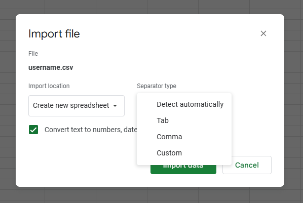 The "separator type" drop down menu in the import file dialogue box