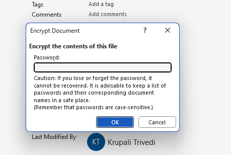 Pop up box to enter the password for your document