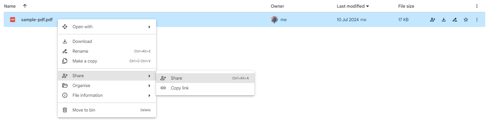 Screenshot of a Google Drive interface showing a file named "sample-pdf.pdf" highlighted with a contextual menu open, showing options like Open with, Download, Rename, Share, Make a copy, and more.