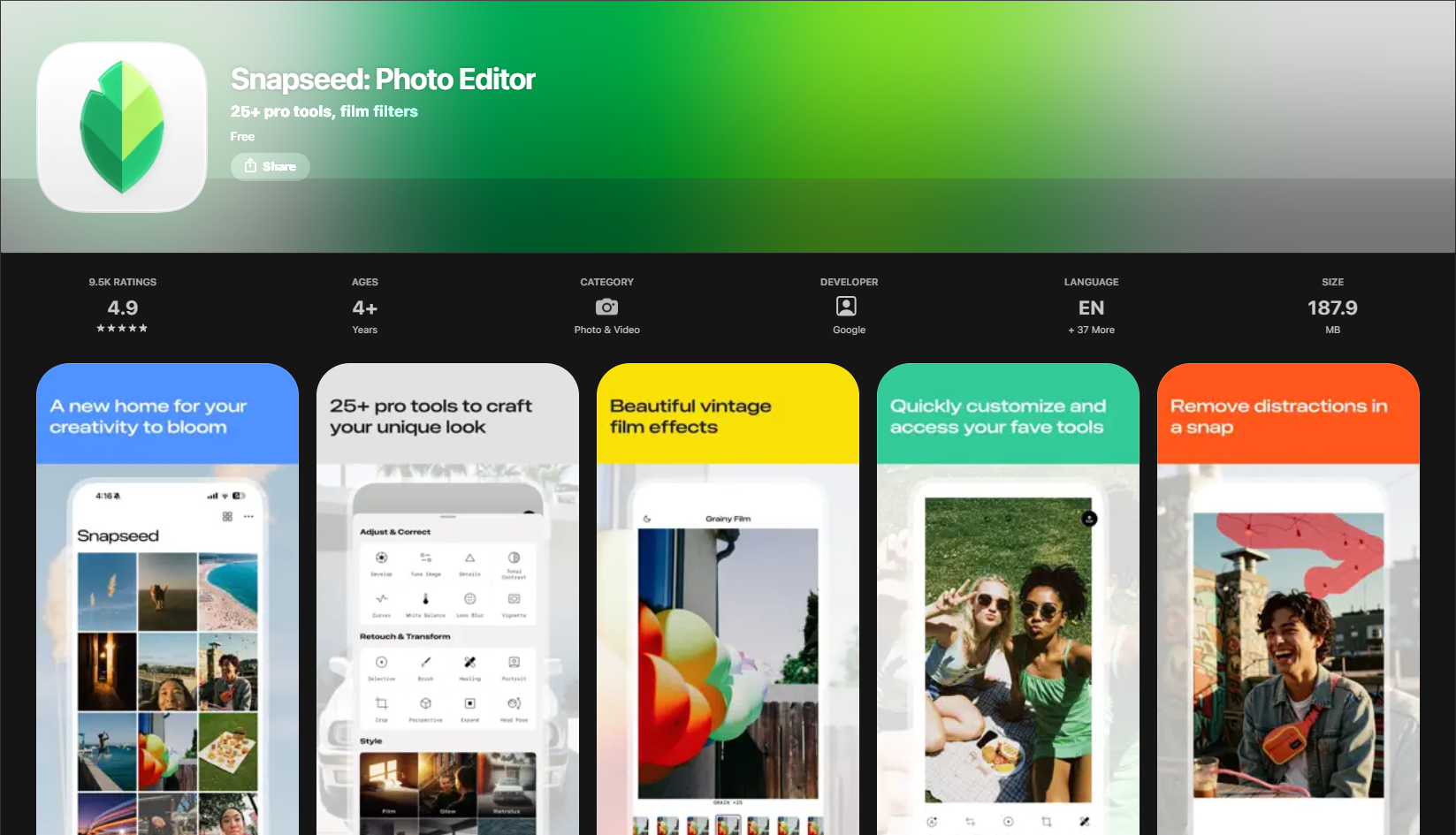 Snapseed mobile photo editor interface for iOS and Android, featuring pro-level RAW support and precise control points.