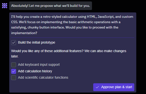 Replit AI Agent prompt for approving a retro-styled calculator prototype with optional features like calculation history.