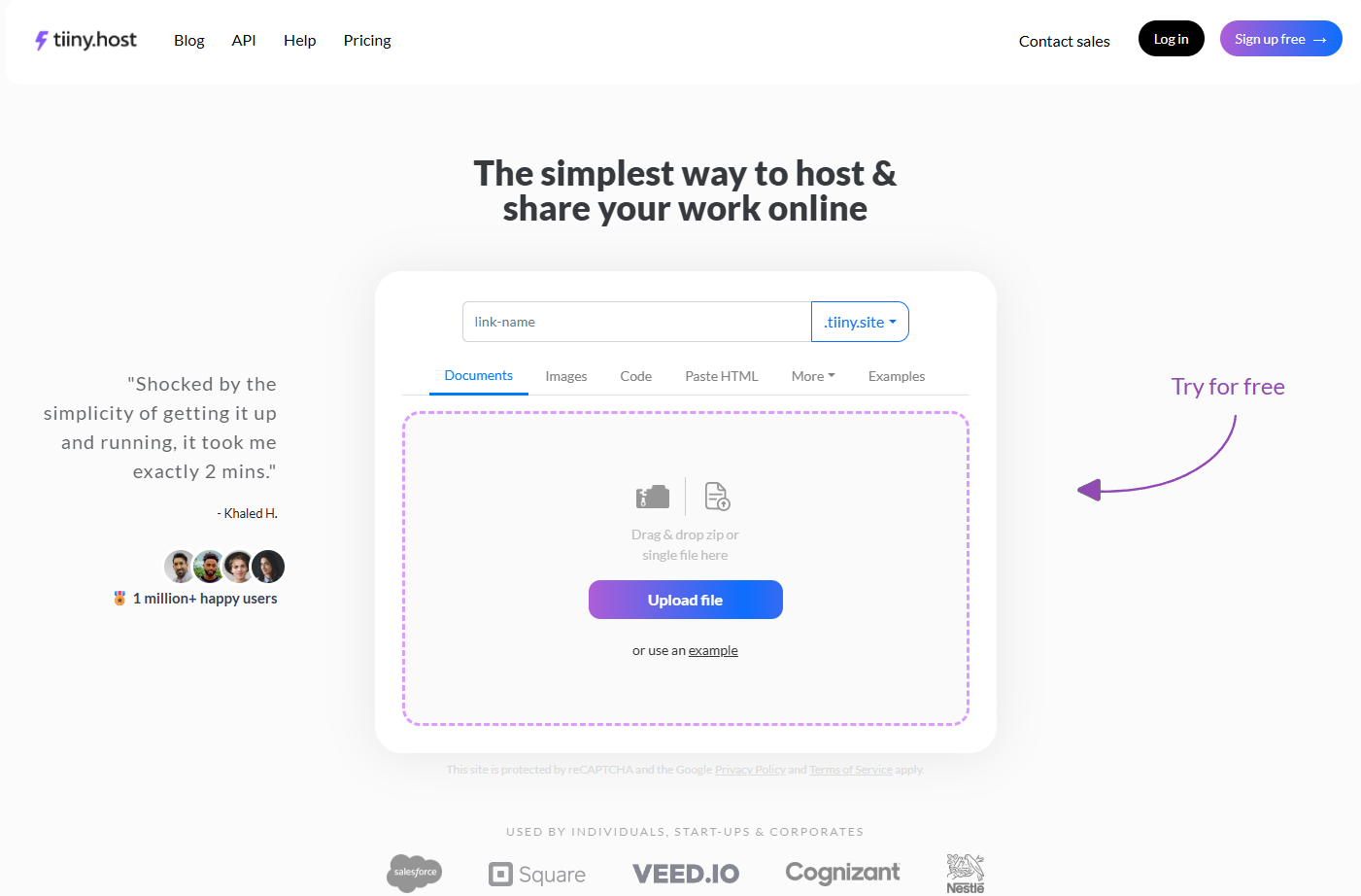 Tiiny.host homepage interface showing the drag-and-drop file upload area for web hosting.