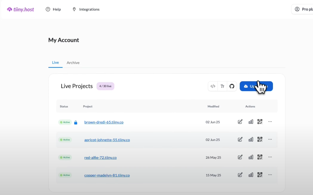 Tiiny host's dashboard where you can view previously hosted files with cursor pointing on "Upload file" to upload files for VDR
