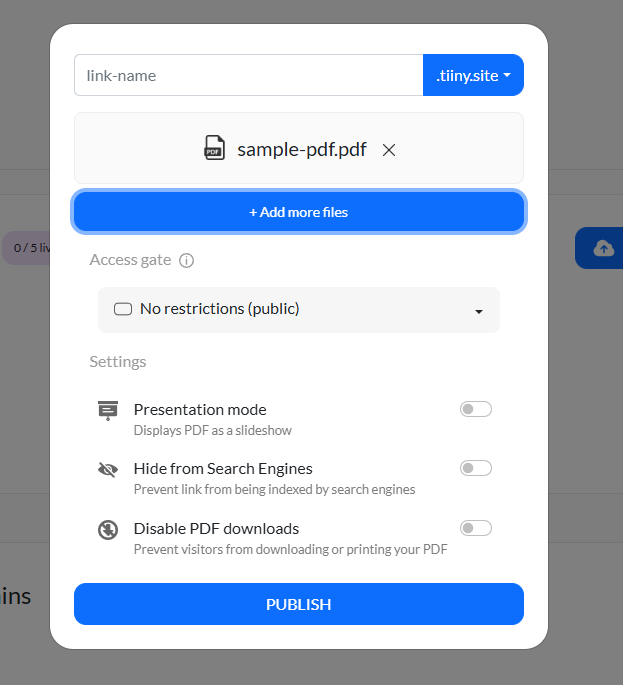 Screenshot of Tiiny Host interface showing a PDF file  for hosting