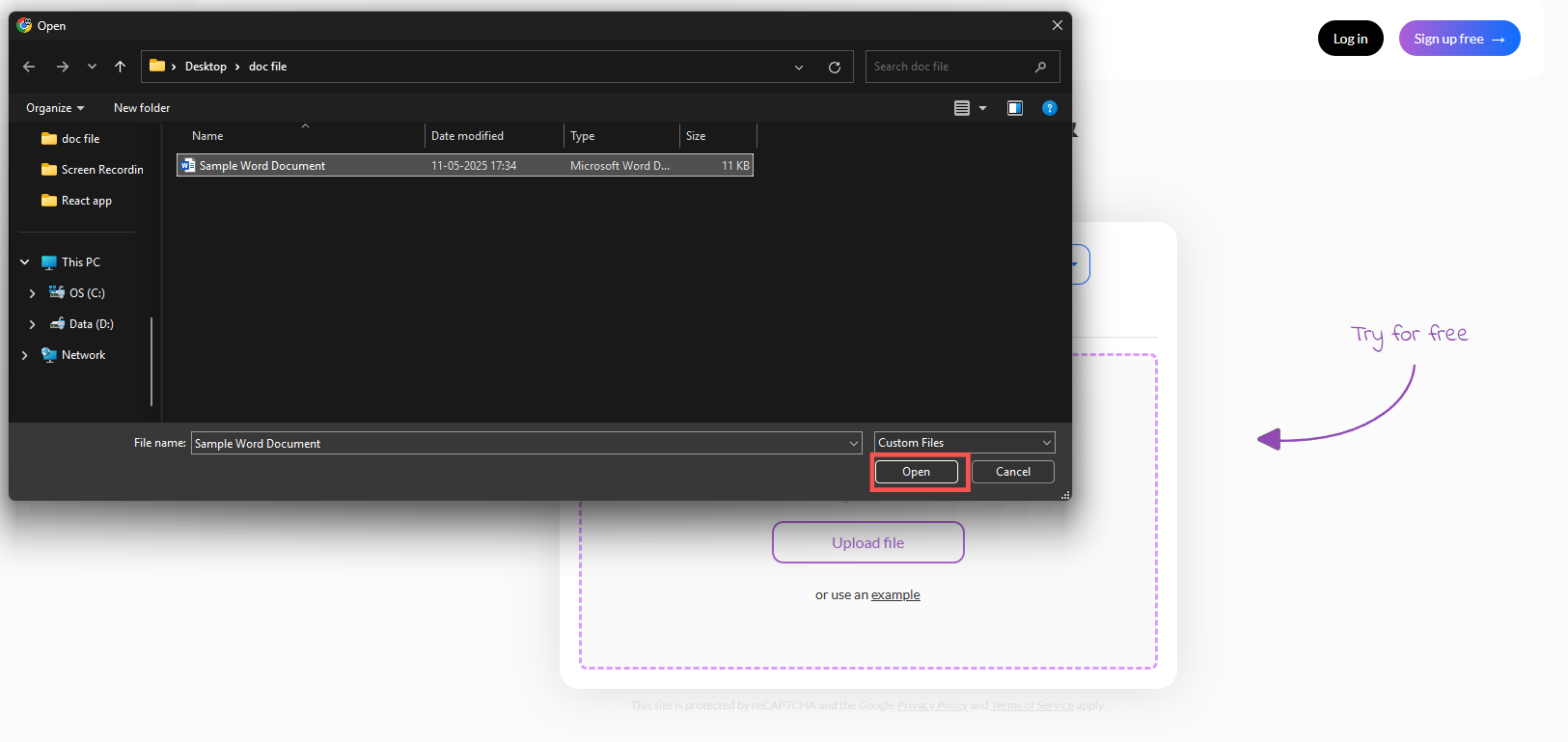 A screenshot of selecting file from computer to upload on Tiiny Host