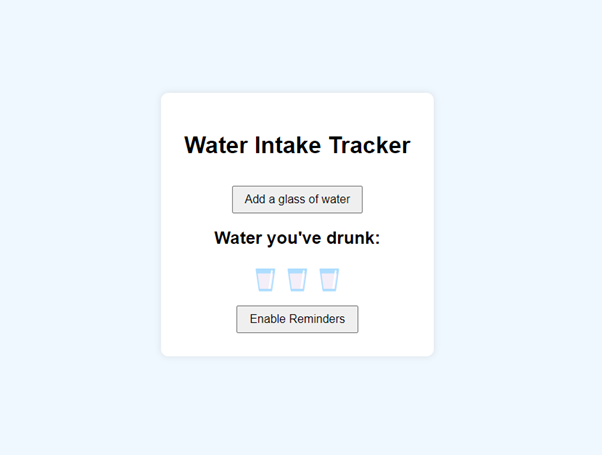 Water Tracker app's interface for tracking water intake with options to add water and enable reminders.