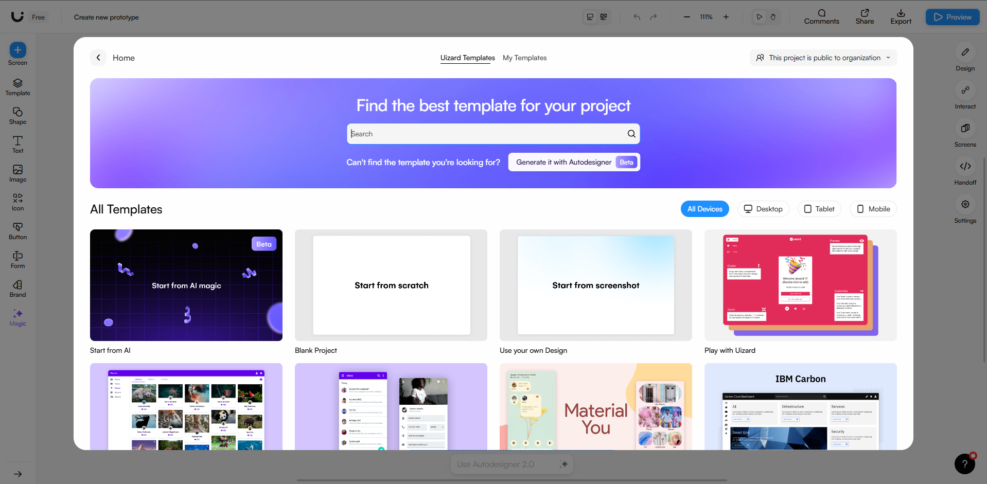 Screenshot of initial pop up page on Uizard that gives you options to choose on how you want to create the prototype: from scratch, using templates or AI