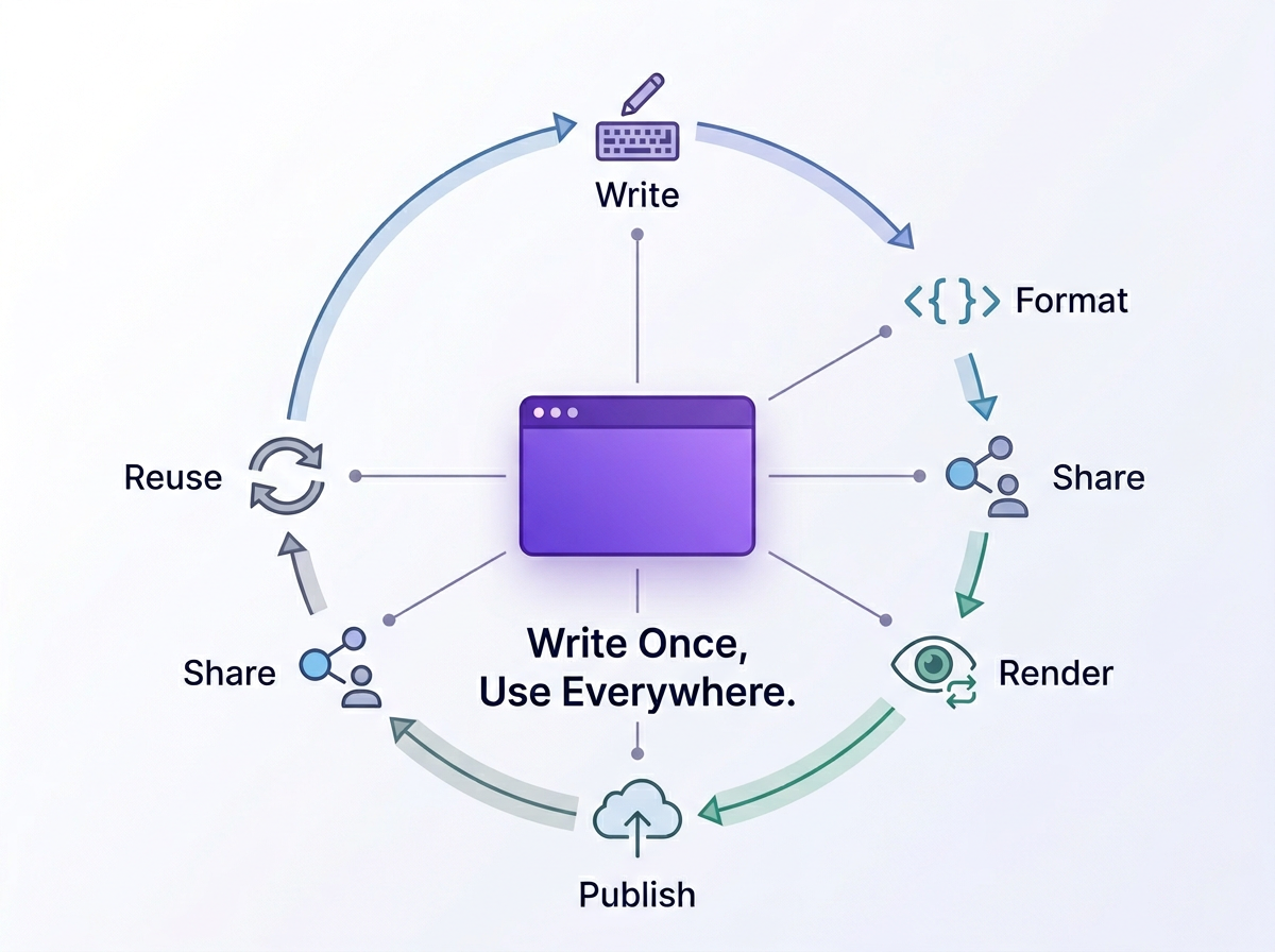 Markdown lifecycle: Write, Format, Share, Render, Publish, and Reuse content workflow.